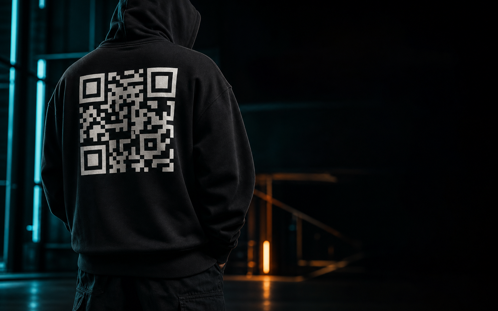 Black creator hoodie concept with a high-contrast QR-style graphic on the back